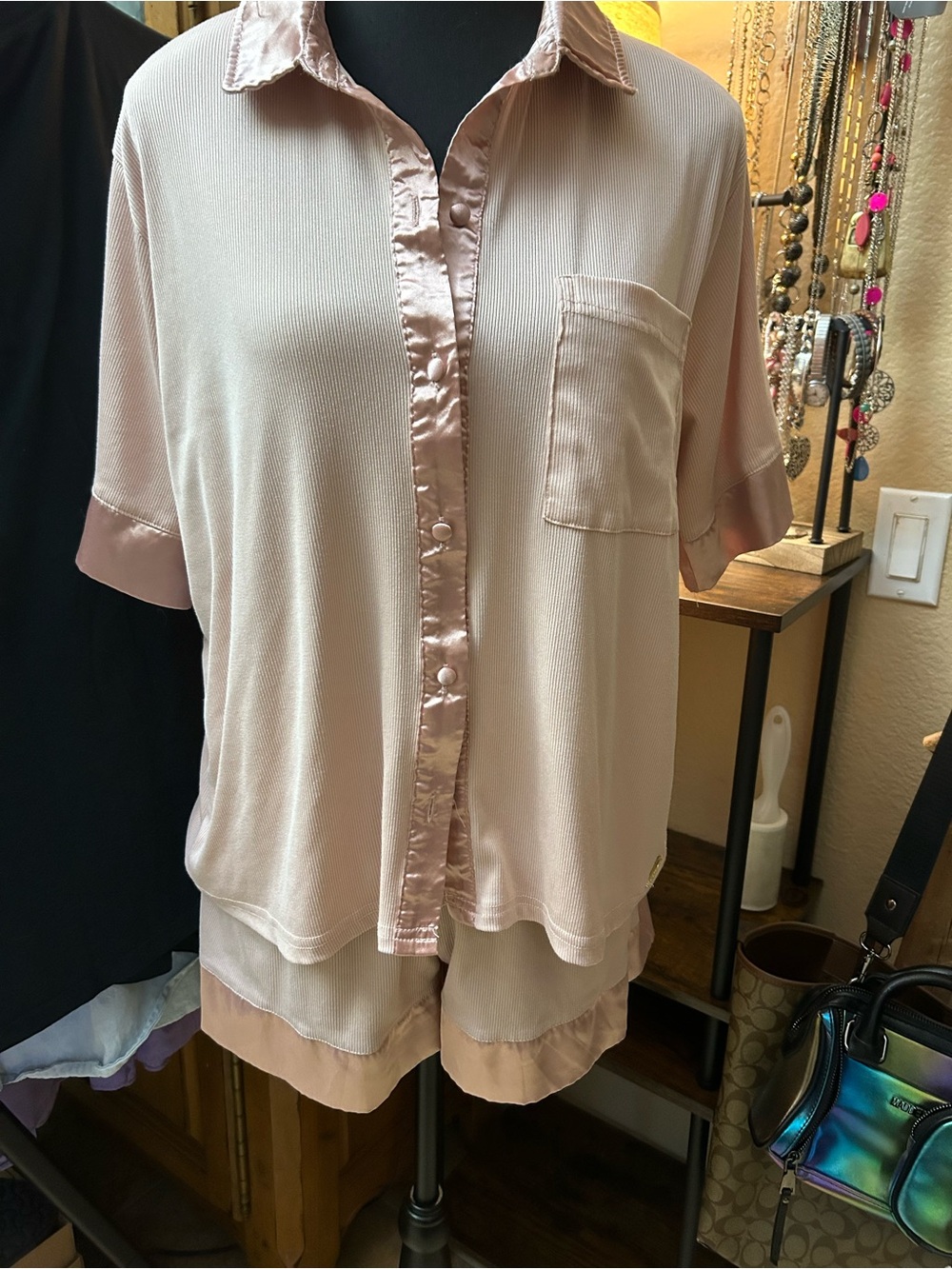 BCBGMaxAzria Blush Satin-Trim Button-Front Top